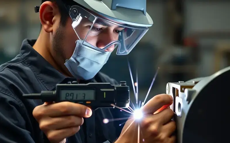 Welder inspecting weld quality